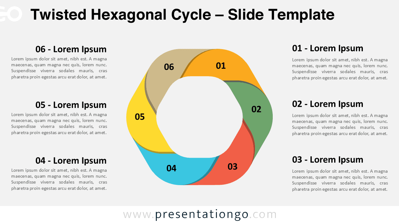 Preview of the Twisted Hexagonal Cycle template for PowerPoint and Google Slides, showcasing six colorful, twisted segments on a light background.