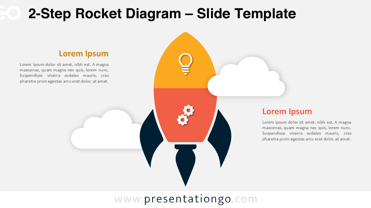 A two-segment rocket diagram with icons, text blocks, and a light background, designed for PowerPoint and Google Slides presentations.