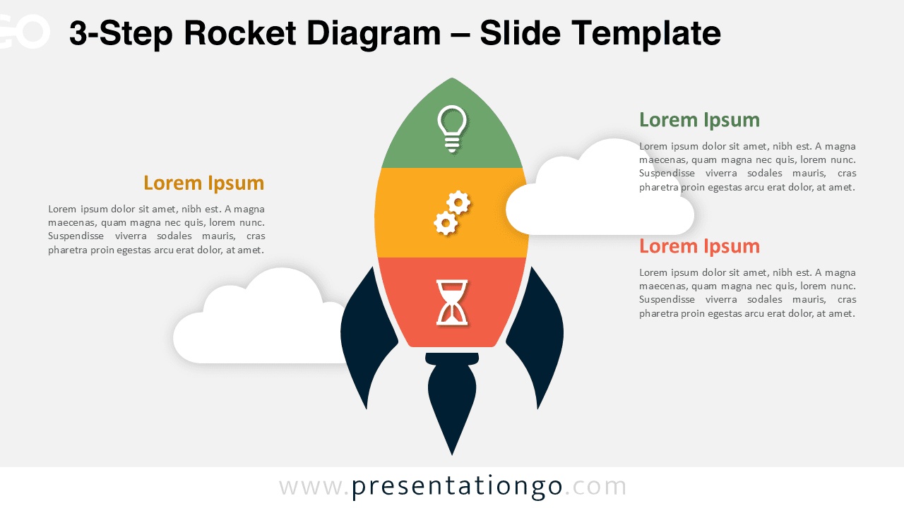 Widescreen 3-Step Rocket Diagram template for PowerPoint and Google Slides, showcasing a light background with three customizable sections.