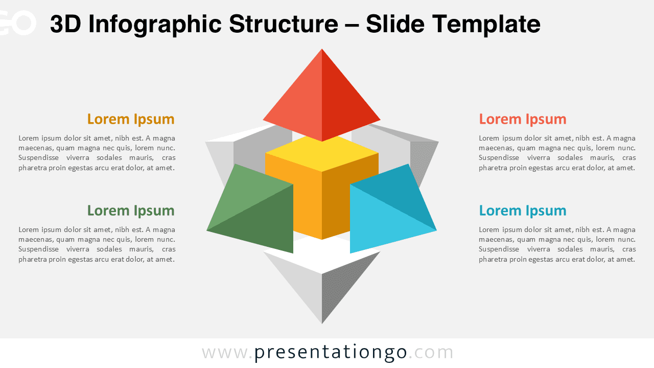 Widescreen version of the 3D Infographic Structure template for PowerPoint and Google Slides with a light background and editable elements.