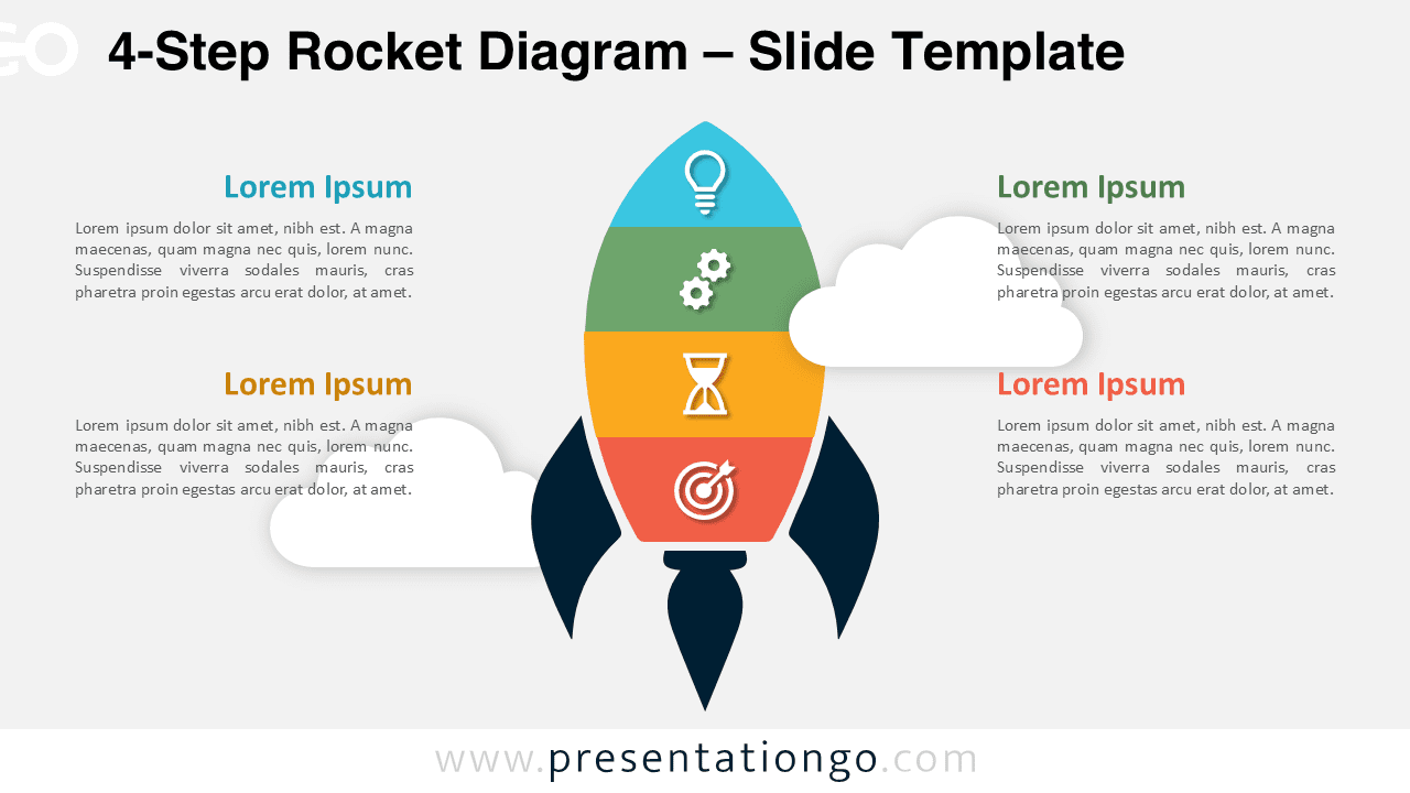 Widescreen 4-Step Rocket Diagram template for PowerPoint and Google Slides, showcasing a light background with three customizable sections.