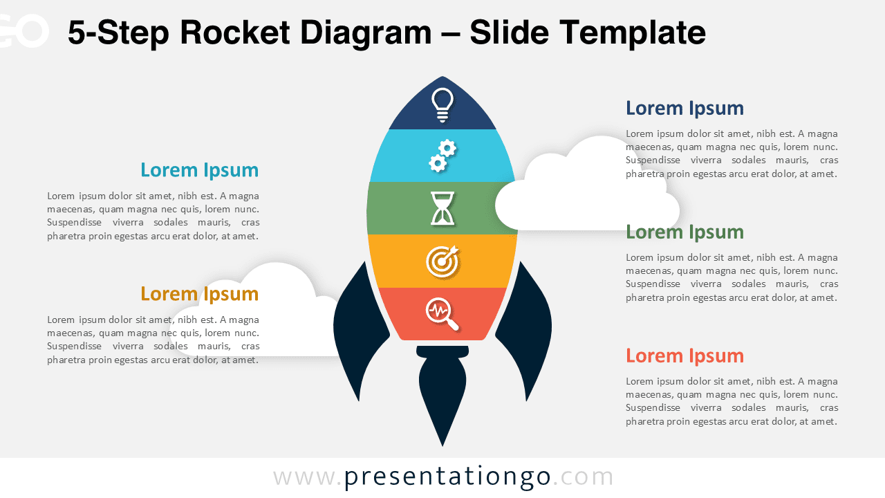 Widescreen version of the 5-Step Rocket Diagram template with a light background for PowerPoint and Google Slides, perfect for illustrating processes.
