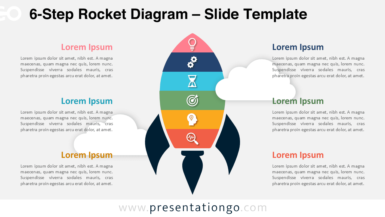Widescreen version of the 6-step rocket diagram for PowerPoint and Google Slides with a light background, perfect for illustrating processes.
