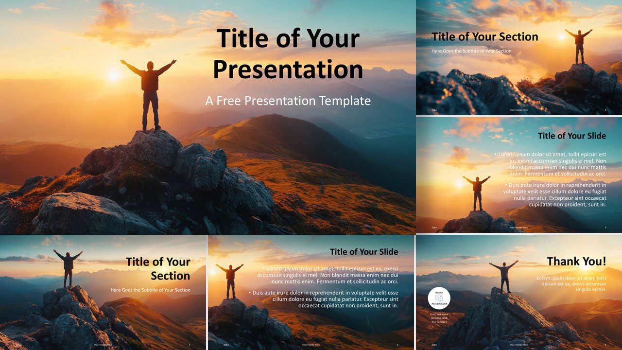Widescreen preview of the Beyond Limits Template for PowerPoint and Google Slides, featuring 6 aspirational slides with scenic mountain backgrounds.