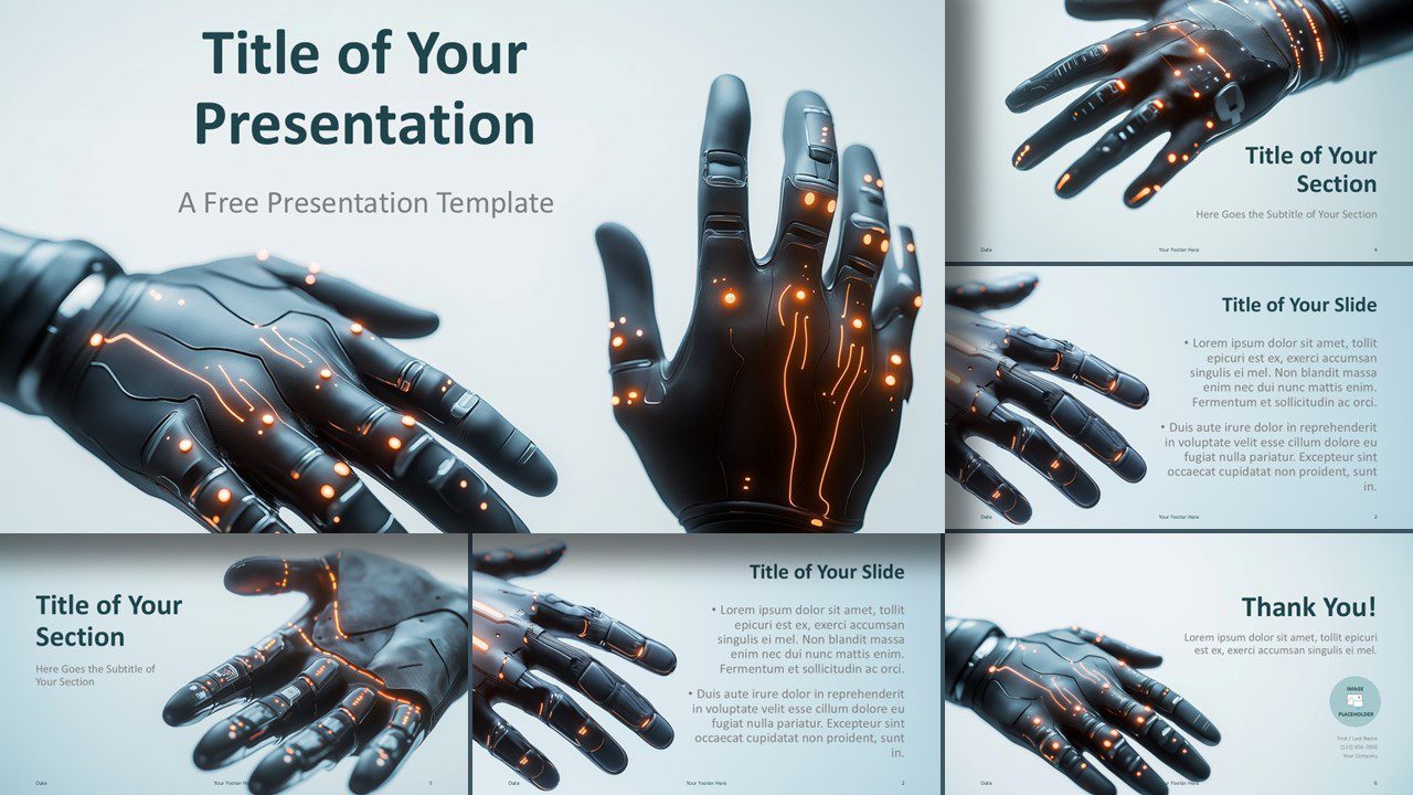 Widescreen preview of the Cyber Tech Template for PowerPoint and Google Slides, featuring six slides with innovative robotic designs for modern presentations.