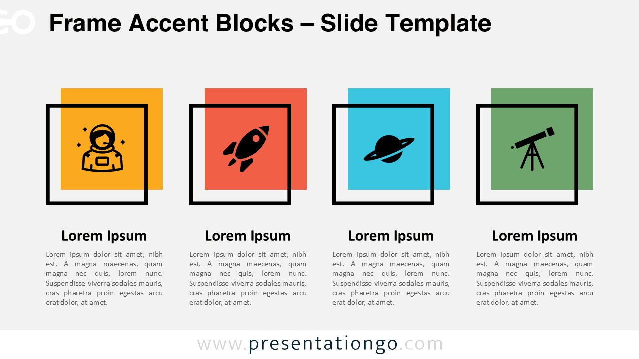 Widescreen version of the Frame Accent Blocks template for PowerPoint and Google Slides with a light background and editable sections.