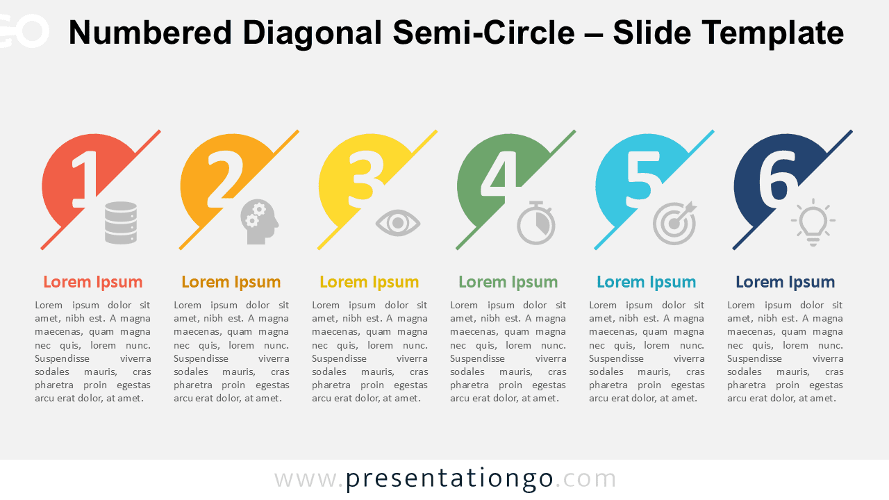 Widescreen preview of the Numbered Diagonal Semi-Circle template for PowerPoint and Google Slides with a light background, featuring six steps.