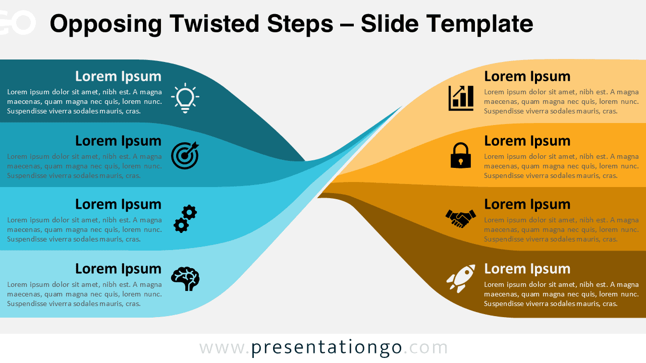 Opposing Twisted Steps template for PowerPoint and Google Slides, showcasing 8 banners with a light background and customizable features.