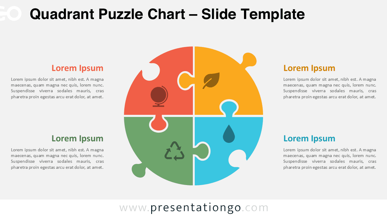 Editable four-part puzzle diagram with a light background, ideal for PowerPoint and Google Slides to present interconnected ideas or processes.