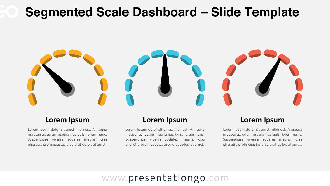 Light background preview of the Segmented Scale Dashboard for PowerPoint and Google Slides, featuring editable gauge diagrams for progress tracking.