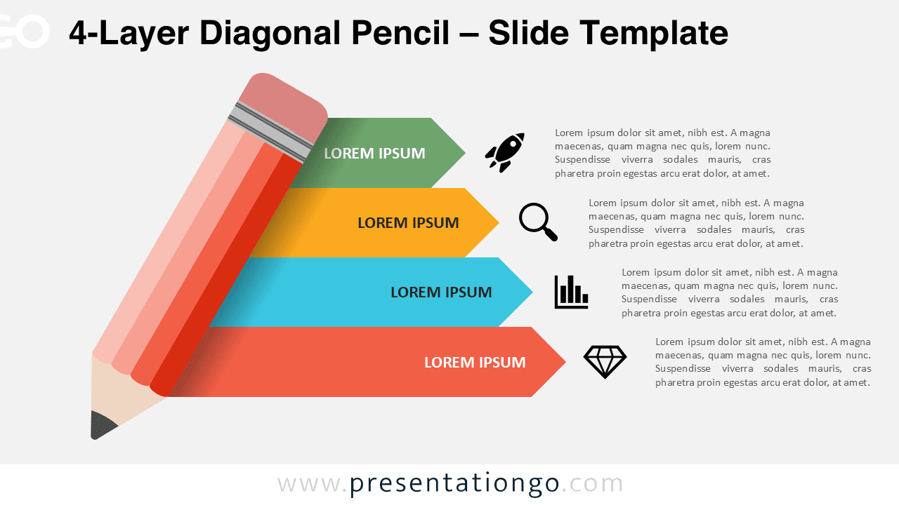 The 4-Layer Diagonal Pencil template for PowerPoint and Google Slides showcases a four-step process infographic with a light background, ideal for structured presentations.