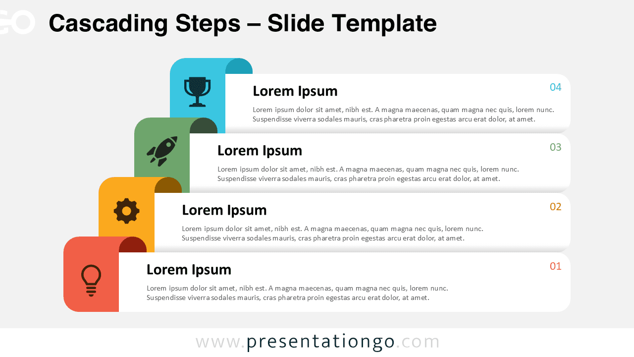 A widescreen PowerPoint and Google Slides cascading steps template featuring four offset text boxes with icons and vibrant banners for step-by-step workflows.
