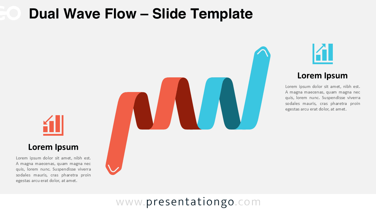 Widescreen version of the Dual Wave Flow template for PowerPoint and Google Slides, showing a ribbon-style diagram on a light background.