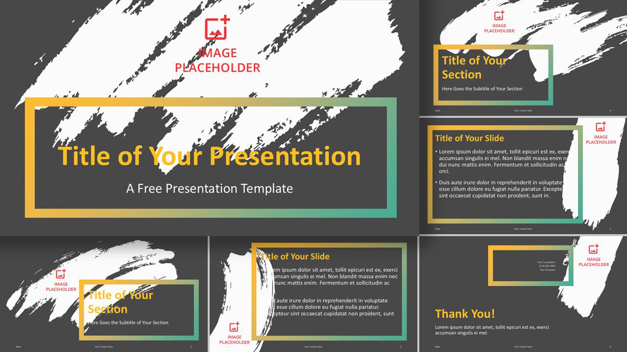 Widescreen version of the Dynamic Stroke Template for PowerPoint and Google Slides, showcasing six fully editable slides with bold brush stroke designs and creative layouts.