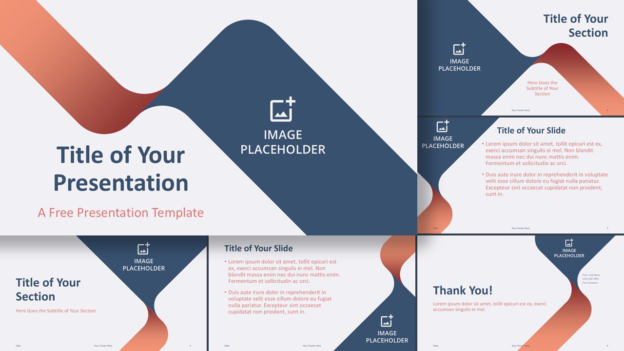A sleek and modern PowerPoint and Google Slides template with fluid wave designs, customizable picture placeholders, and a warm gradient color scheme for various presentation needs.