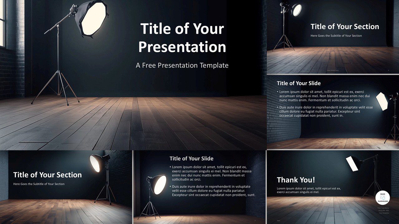 Studio Light Template for PowerPoint and Google Slides in widescreen format, designed with a professional dark background and studio lighting for business and creative presentations.