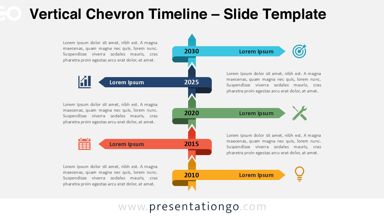 A fully editable Vertical Chevron Timeline template for PowerPoint and Google Slides, designed with a light background and a 5-step milestone structure.