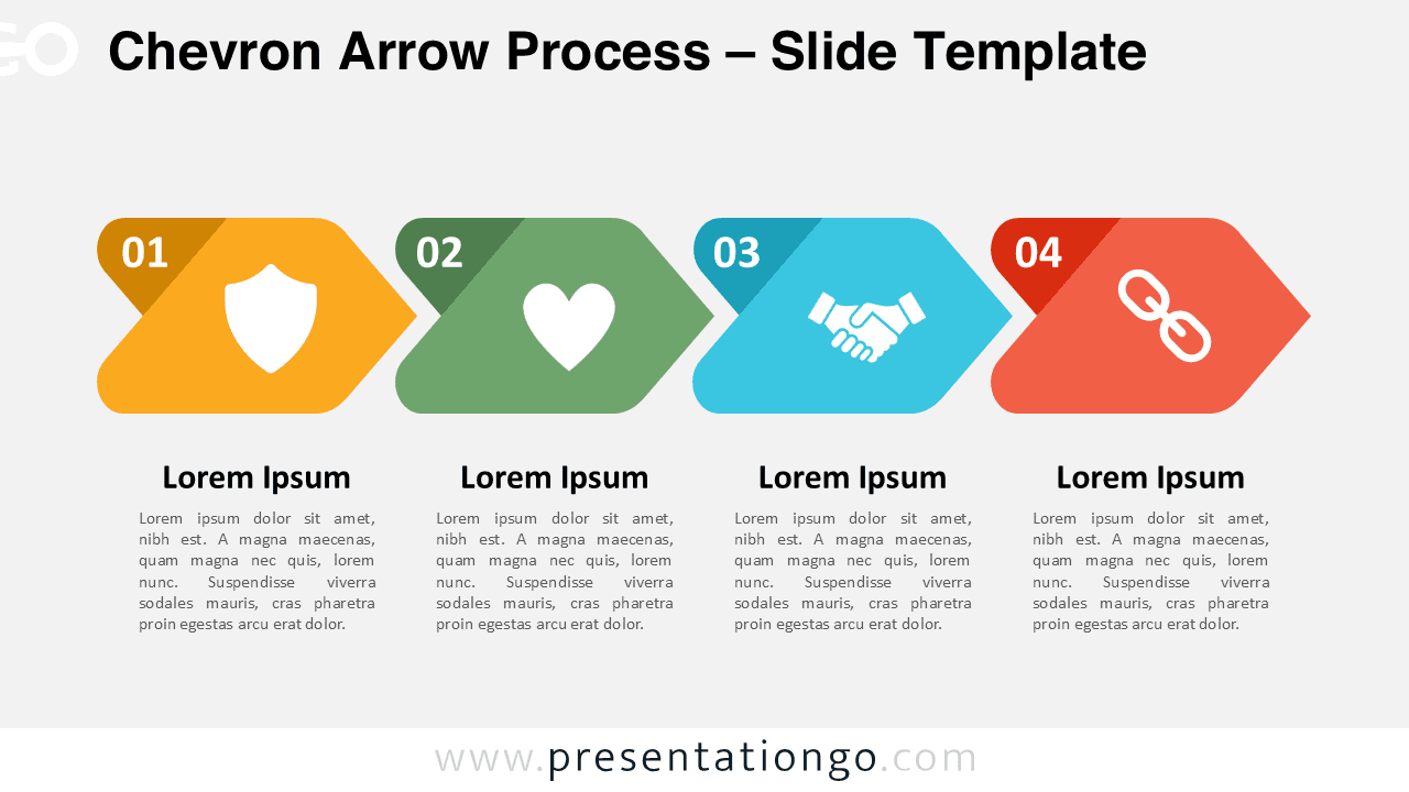 A fully editable Chevron Arrow Process template for PowerPoint and Google Slides, featuring a four-step sequence on a light background.