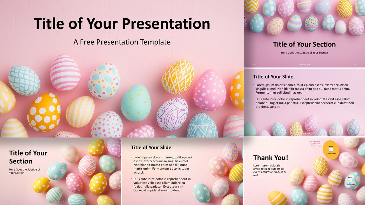 Preview of the Easter Egg Charm Template in widescreen layout with 6 pastel slides for PowerPoint and Google Slides.