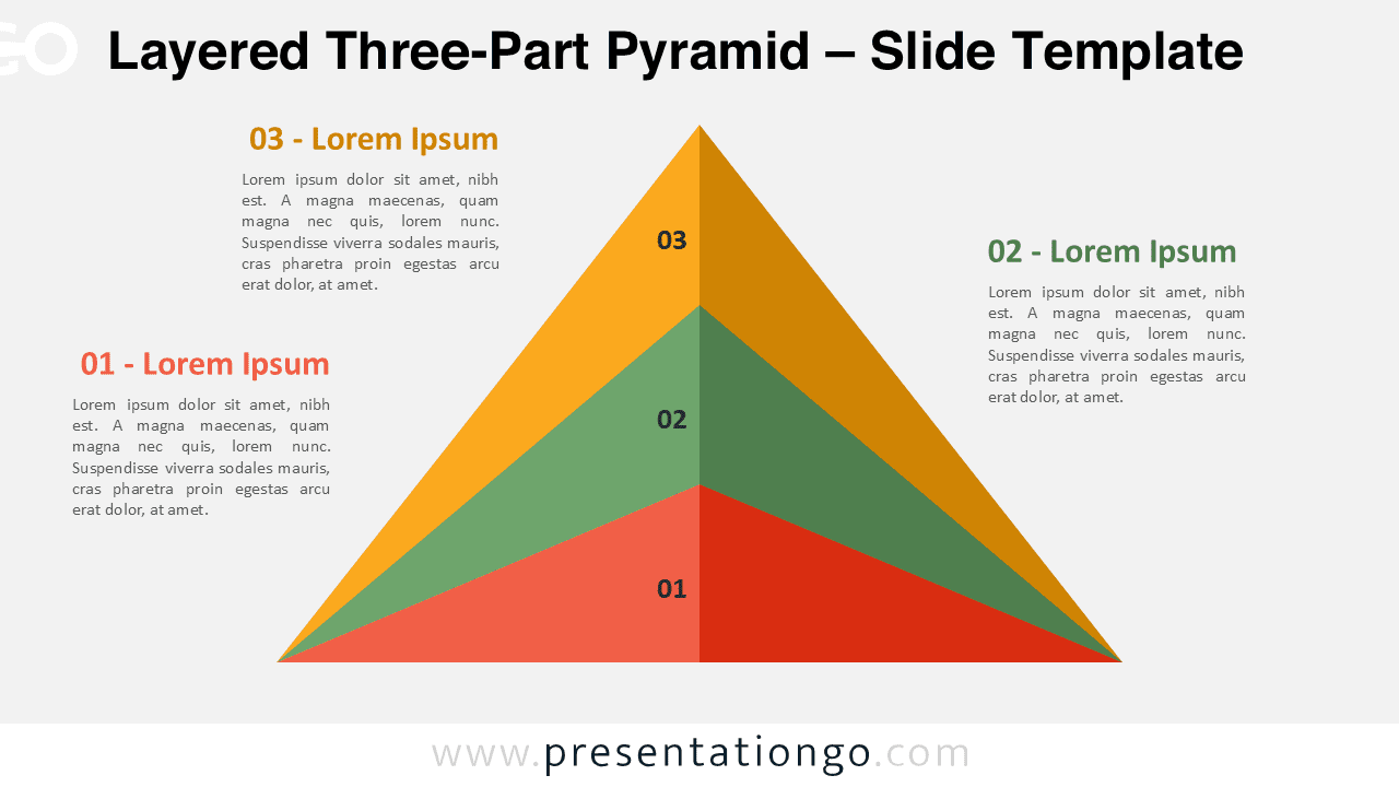 A widescreen 3D layered three-part pyramid for PowerPoint and Google Slides, designed for hierarchical processes and multi-step workflows.
