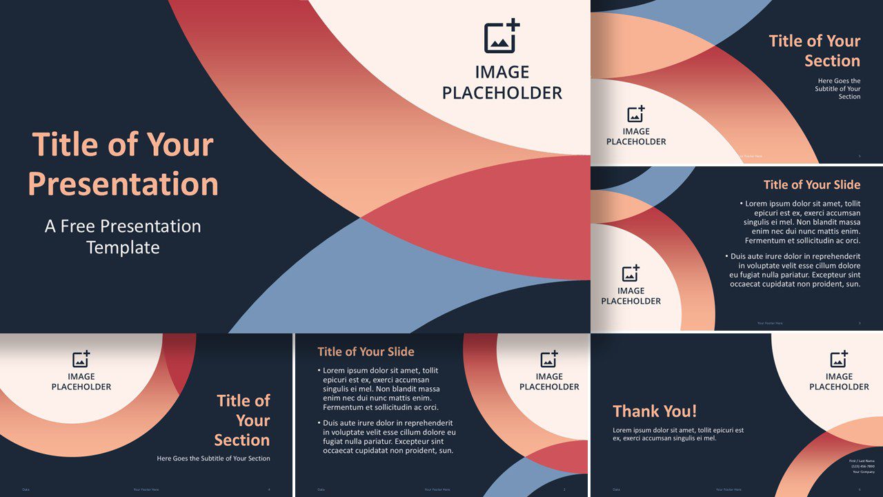 A modern PowerPoint and Google Slides template with overlapping gradient rings, picture placeholders, and a professional widescreen layout.
