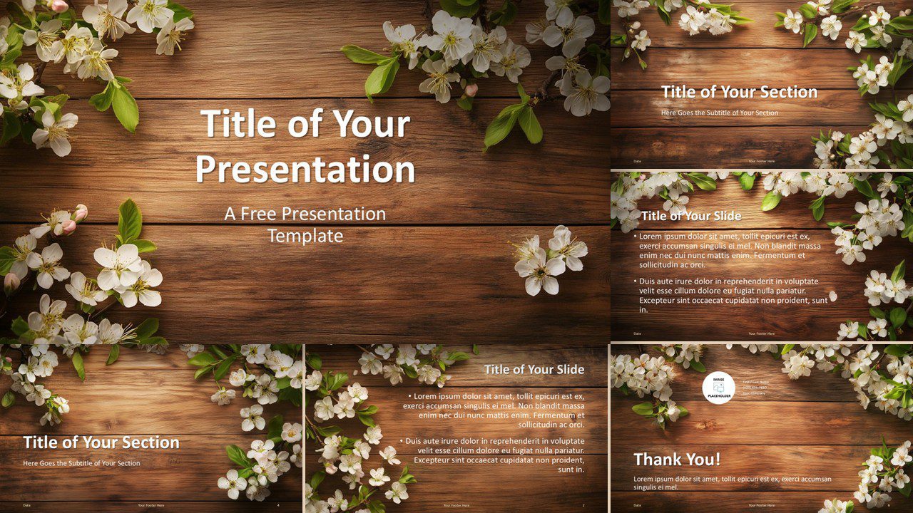 A widescreen preview of the Rustic Springtime Template for PowerPoint and Google Slides, with elegant wood textures and floral elements.