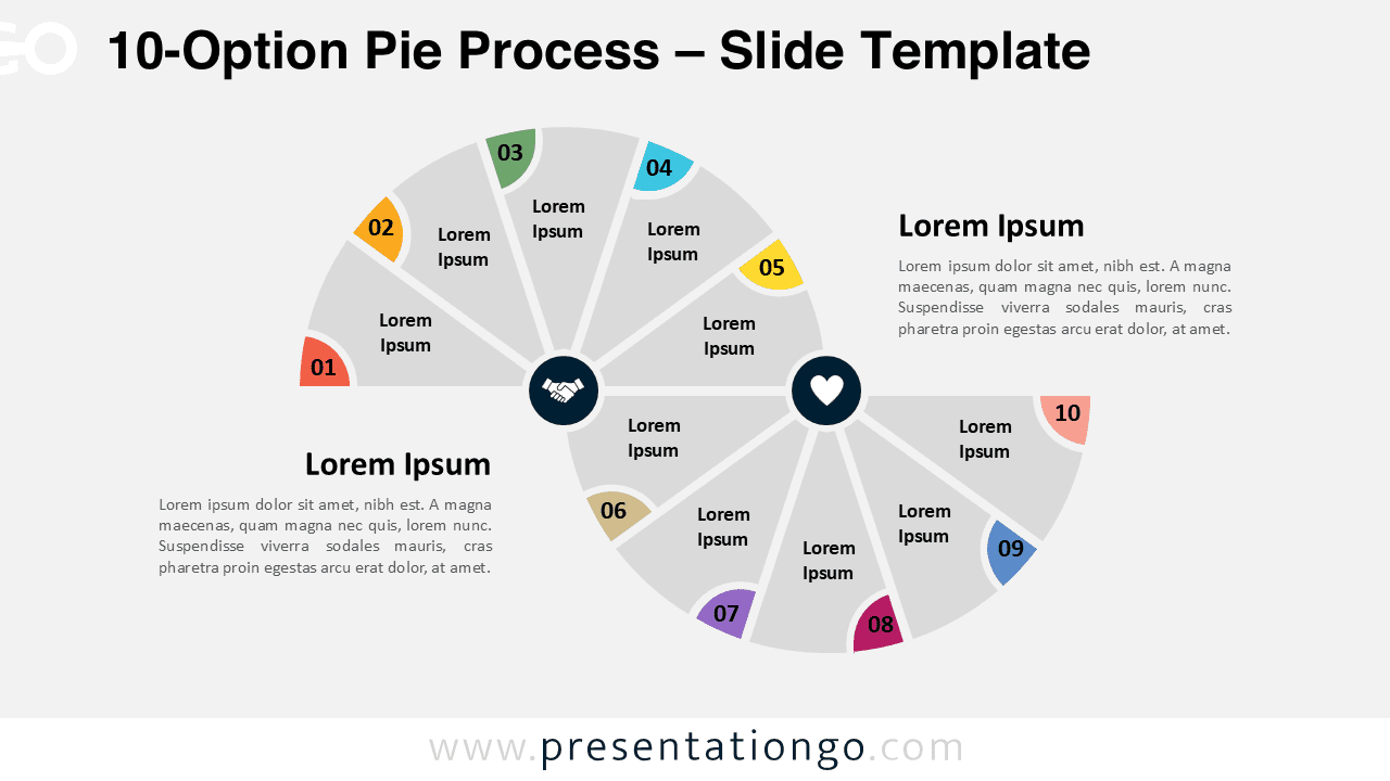Light background widescreen view of the 10-Option Pie Process diagram for PowerPoint and Google Slides with customizable steps.