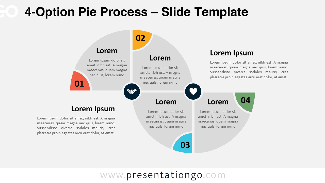 Editable 4-option pie process template with alternating semi pie shapes for PowerPoint and Google Slides, shown on a light background.