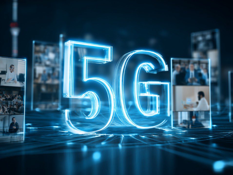 Futuristic 5G digital rendering with glowing blue elements and video call screens, symbolizing wireless communication and innovation.