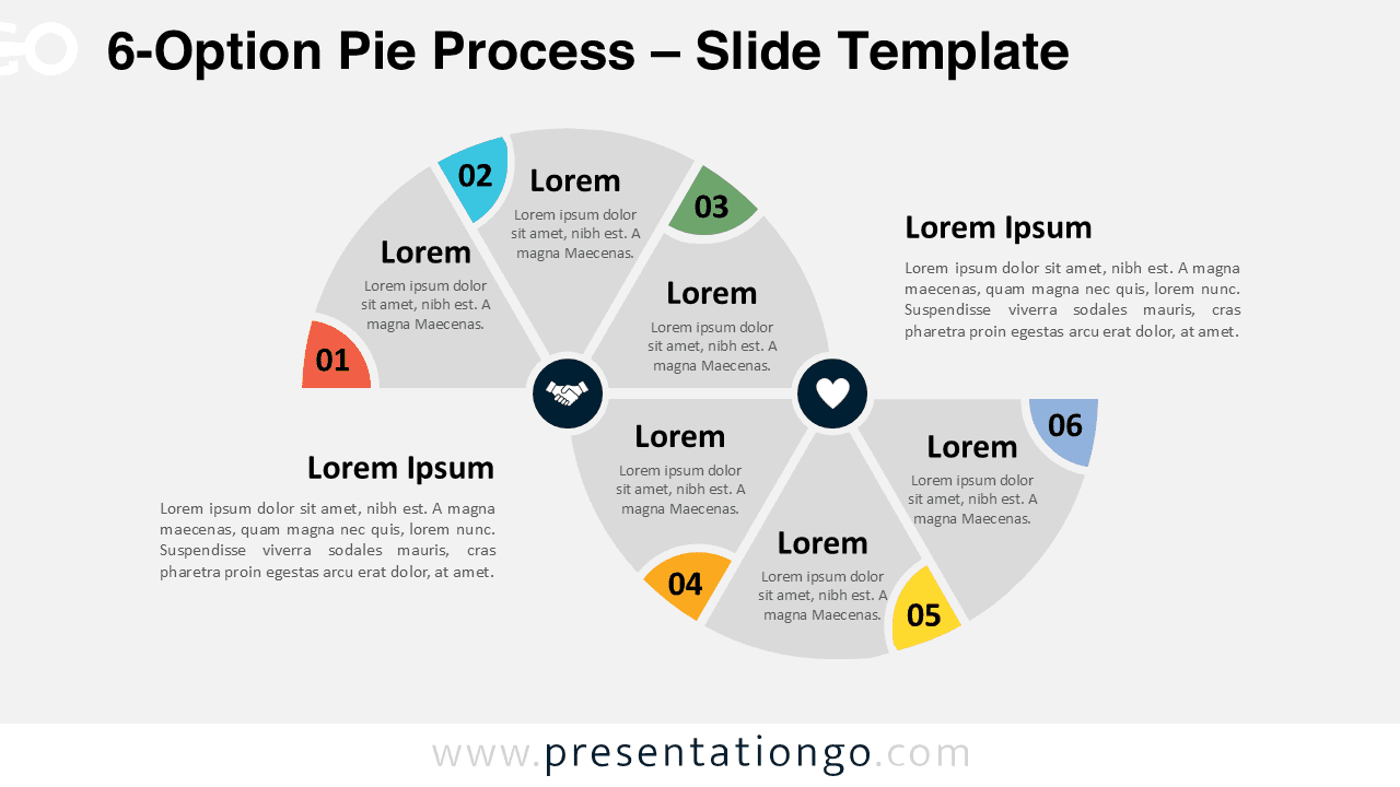 Light-themed widescreen diagram with 6 semi pie chart options, ideal for PowerPoint and Google Slides presentations.