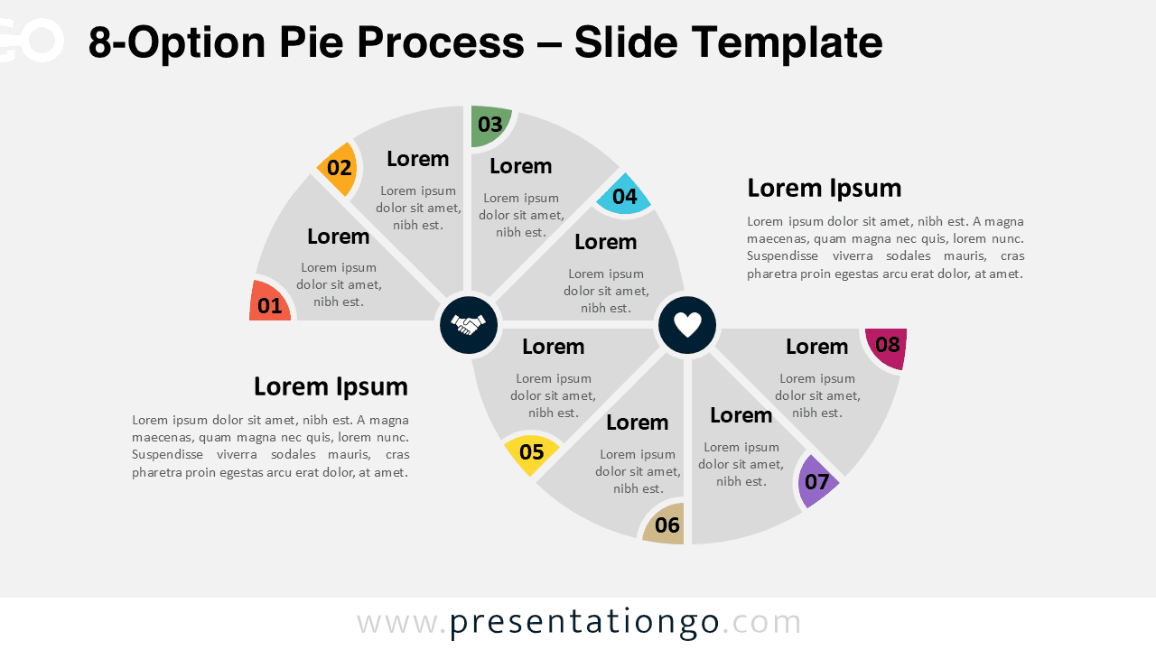 Editable 8-step pie process diagram with alternating semi pie charts on a light background, for PowerPoint and Google Slides.