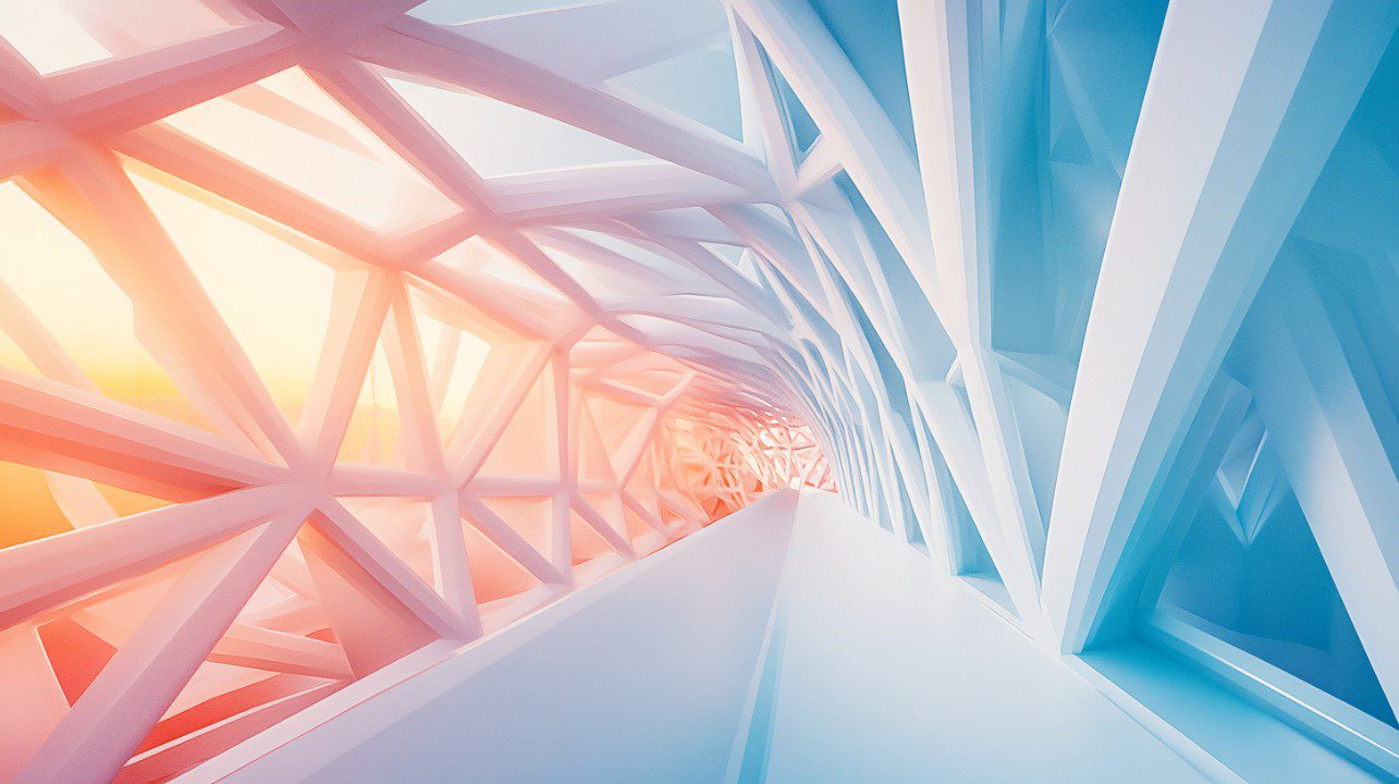 3D-rendered polygonal tunnel with futuristic architecture, featuring interwoven geometric shapes in soft blue and orange lighting.
