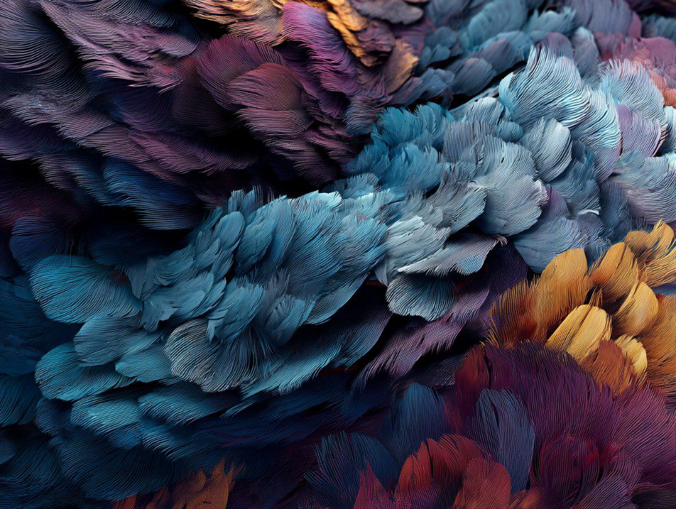 Highly detailed abstract image resembling colorful feathers layered in vibrant blues, purples, and golds, perfect for artistic design.