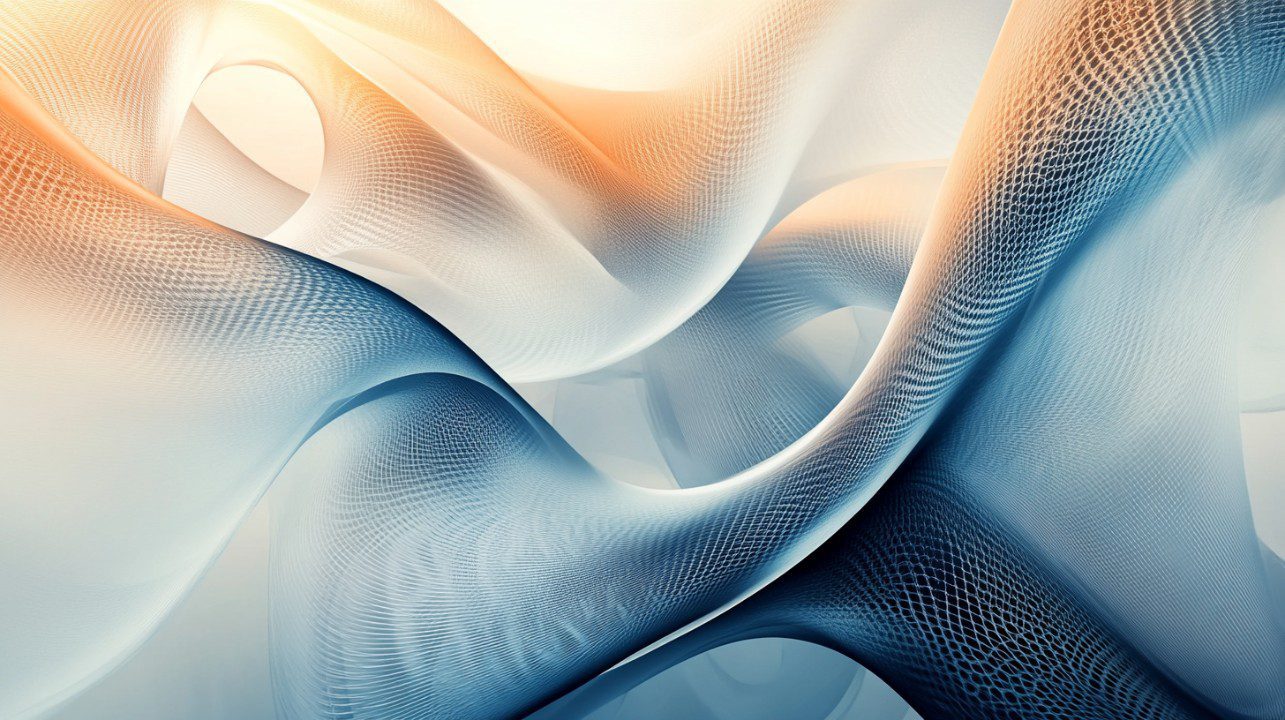 A flowing composition of abstract mesh waves in soft blue and orange gradients, creating a digital and futuristic artistic design.