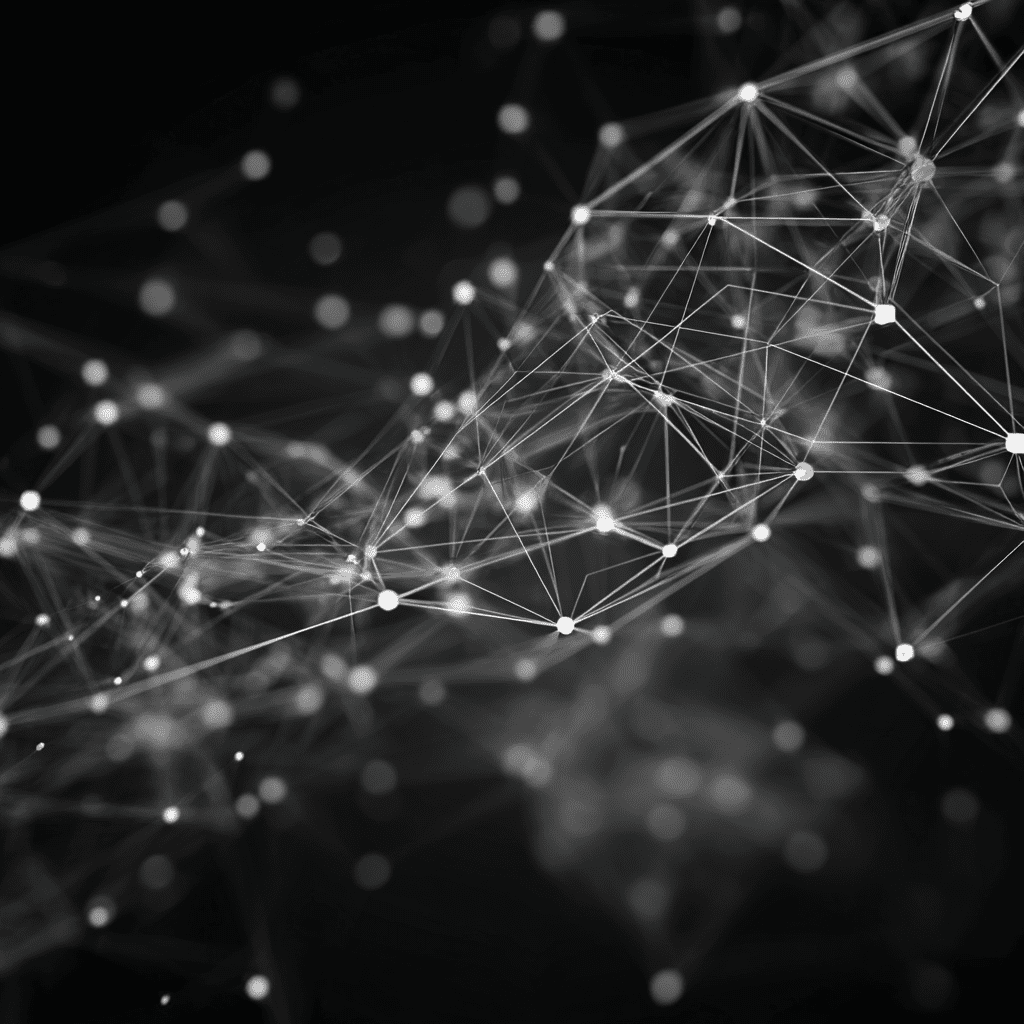 Glowing neural network nodes connected by white lines on a dark abstract background, symbolizing artificial intelligence and connectivity.