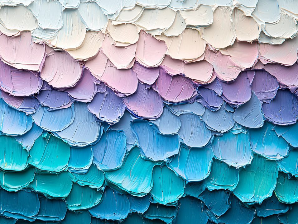 Abstract paint texture created with a palette knife using pastel pinks, purples, teals, and blues layered in curved strokes.