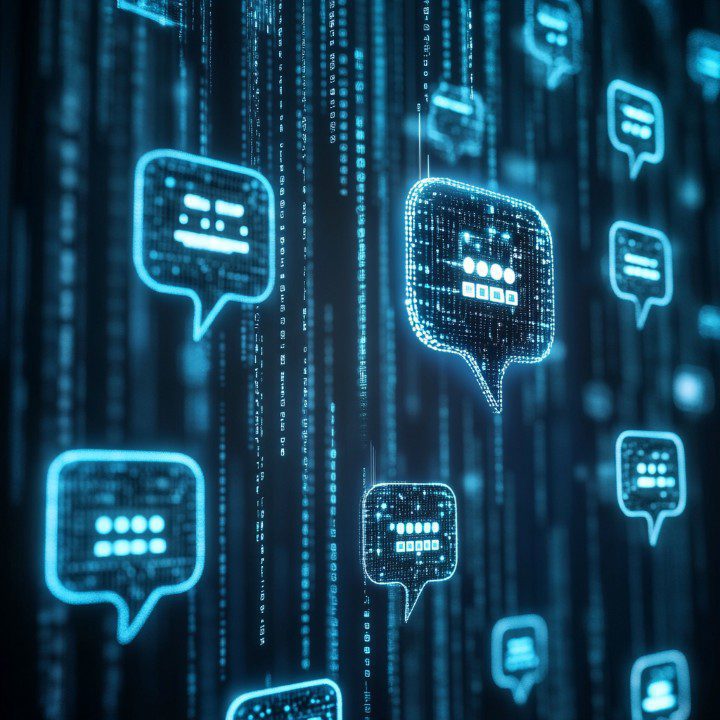 Futuristic digital background featuring glowing blue chatbot icons and binary code lines representing AI-driven communication.