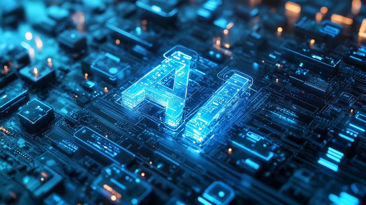 Glowing AI circuit board with futuristic digital elements, symbolizing artificial intelligence and advanced technology systems.