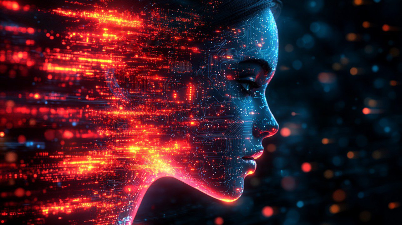 Futuristic digital silhouette of a woman's face overlaid with red circuits and data patterns representing artificial intelligence.