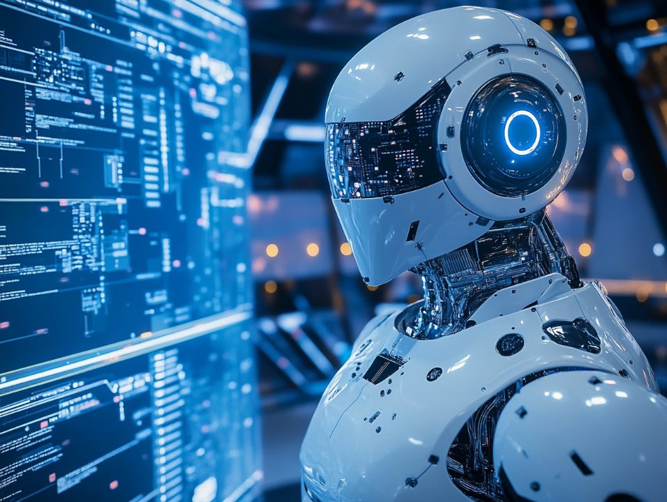 Advanced humanoid robot analyzing digital data on futuristic interface, representing artificial intelligence and high-tech innovation.