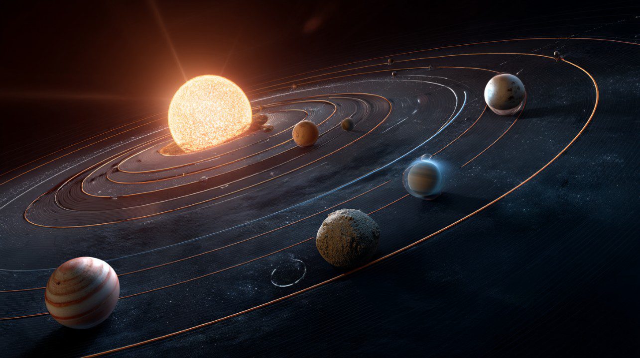 A detailed digital illustration of an alien star system showing multiple planets in orbit around a glowing sun, ideal for sci-fi or educational use.