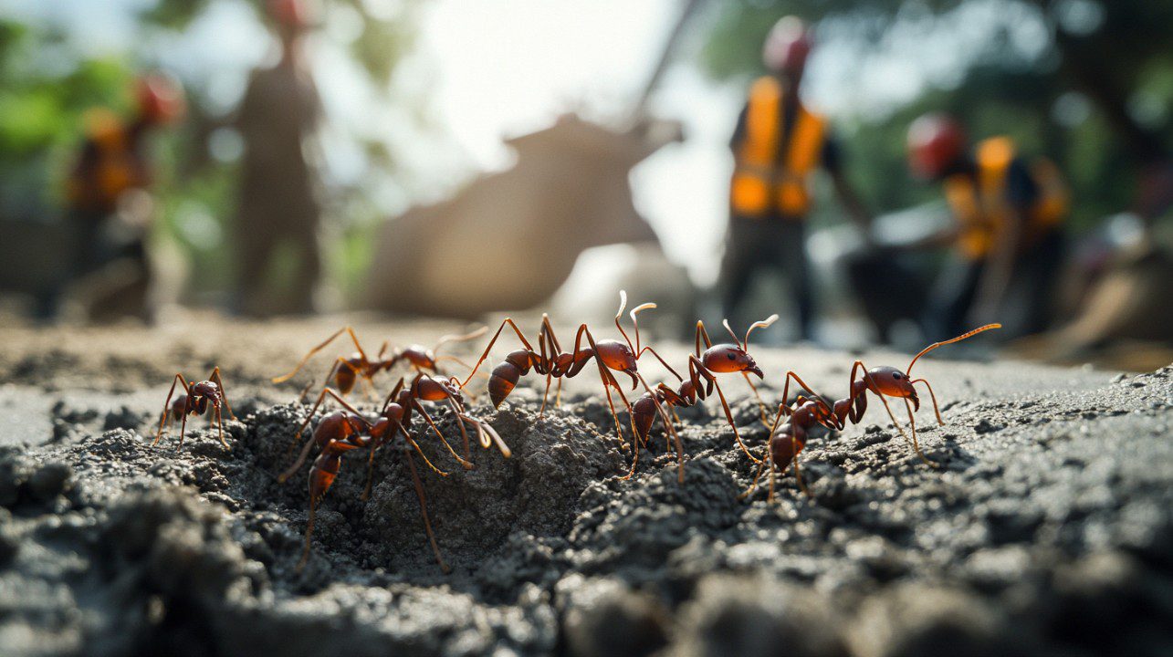 Close-up of ants on dirt in focus with blurred construction workers in safety vests behind, symbolizing hard work and teamwork.