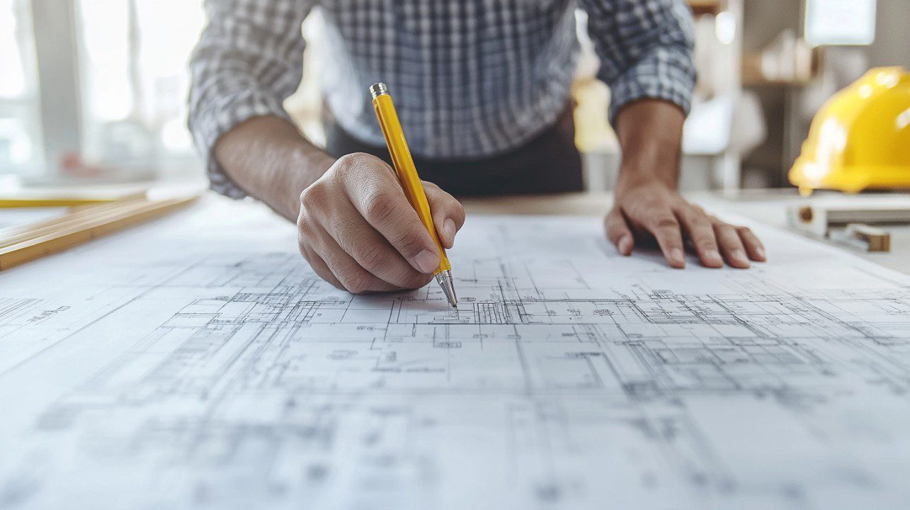 Close-up of an architect’s hand drawing on blueprints with a yellow pencil in a creative workspace, with construction tools in the background.
