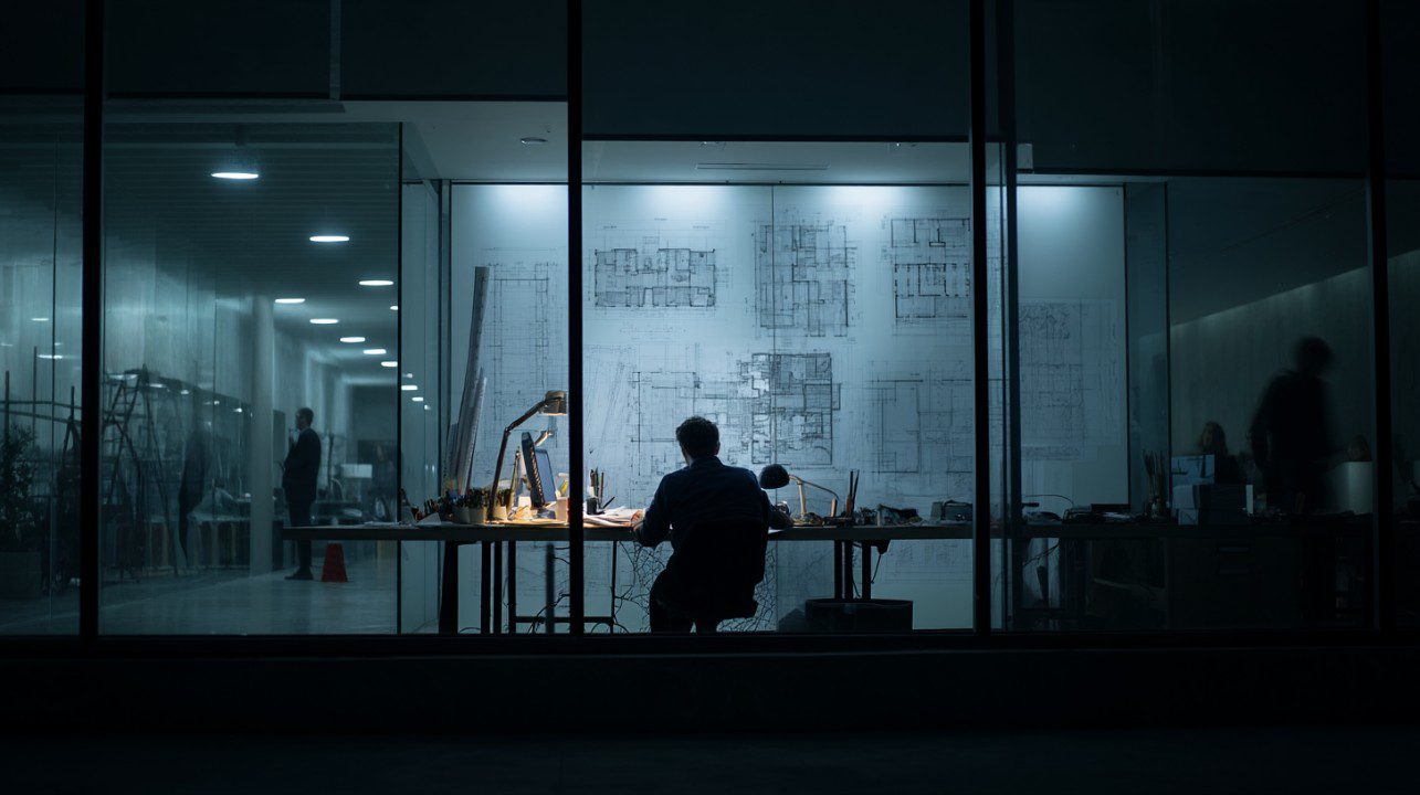 An architect working late at night in a dimly lit office, facing blueprints on the wall and focused at a desk illuminated by lamps.
