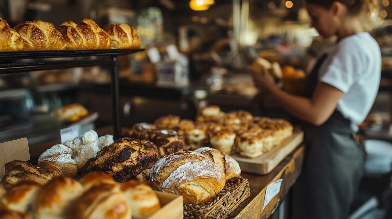 Assorted freshly baked breads and pastries arranged in a warm, rustic bakery with a staff member in the background.