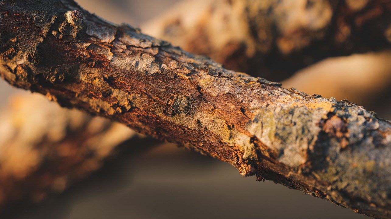 Ultra-close-up view of an ash tree branch showing detailed, textured bark in natural light, emphasizing its rugged organic surface.