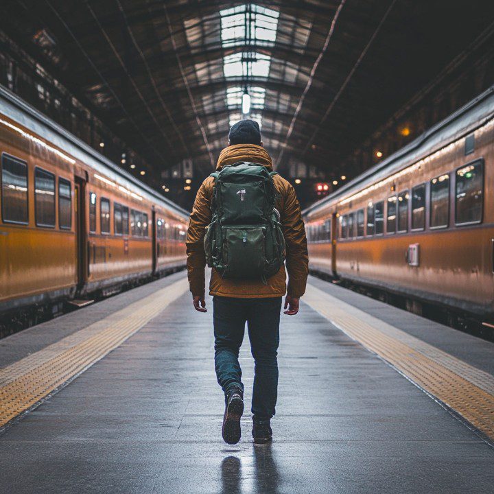 Rear view of a solo traveler with a green backpack walking between trains on a platform in a large covered station.