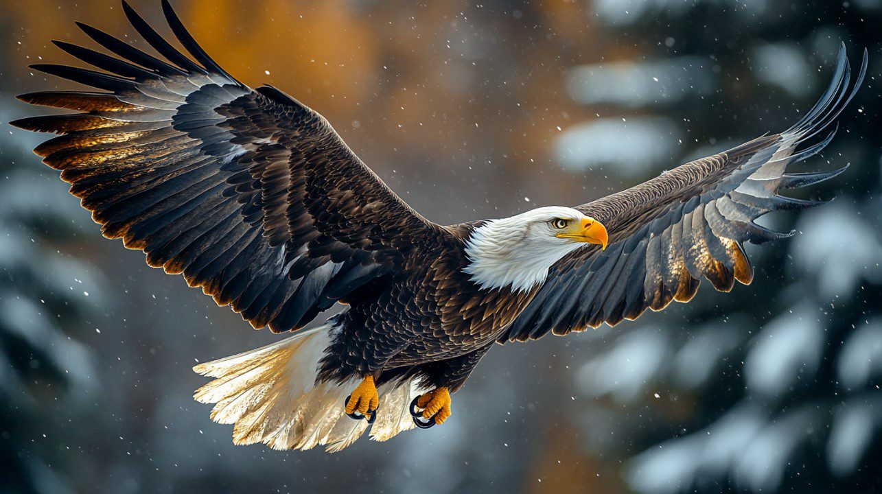 Bald eagle with wings spread wide soaring through a snowy forest, symbolizing power, freedom, and wilderness.