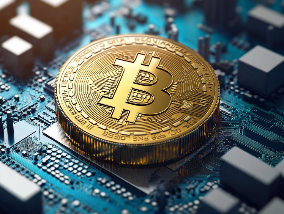 Close-up of a shiny gold Bitcoin resting on a blue circuit board, representing digital currency, cryptocurrency, and blockchain finance.
