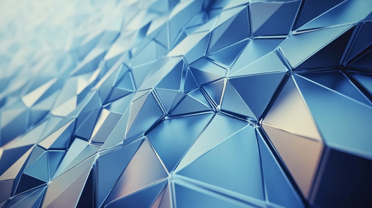 3D abstract background featuring blue polygonal shapes with metallic reflections in a futuristic geometric pattern.
